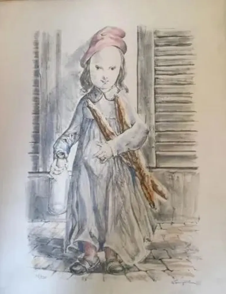 Lithograph Foujita -  ''Fillette aux baguettes de pains'' ou ''Le matin'' circa 1956