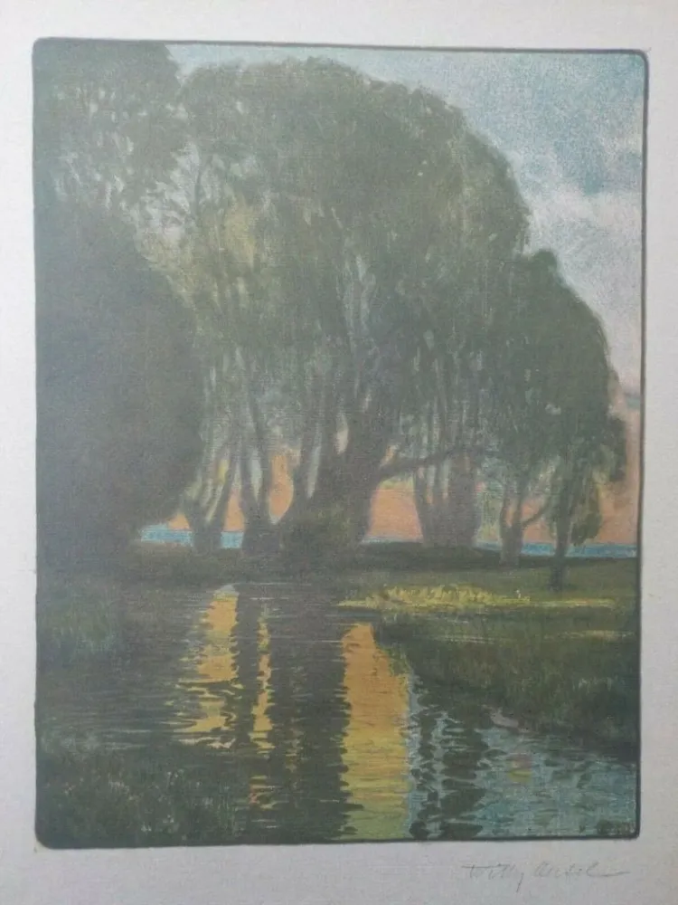 Lithograph Oertel - Abend am Bach