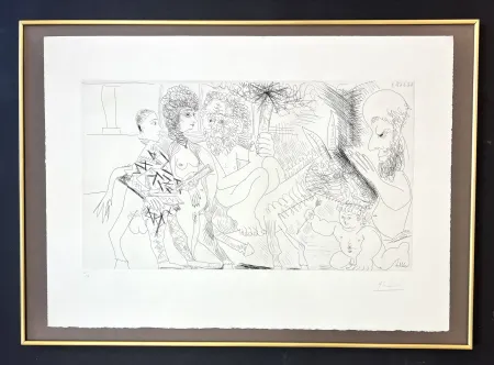 Etching Picasso - Groupe avec vieillard à la torche sur un âne amoureux, femme et arlequin