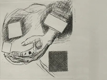 Etching Raveel - Hand en bevierkante kop