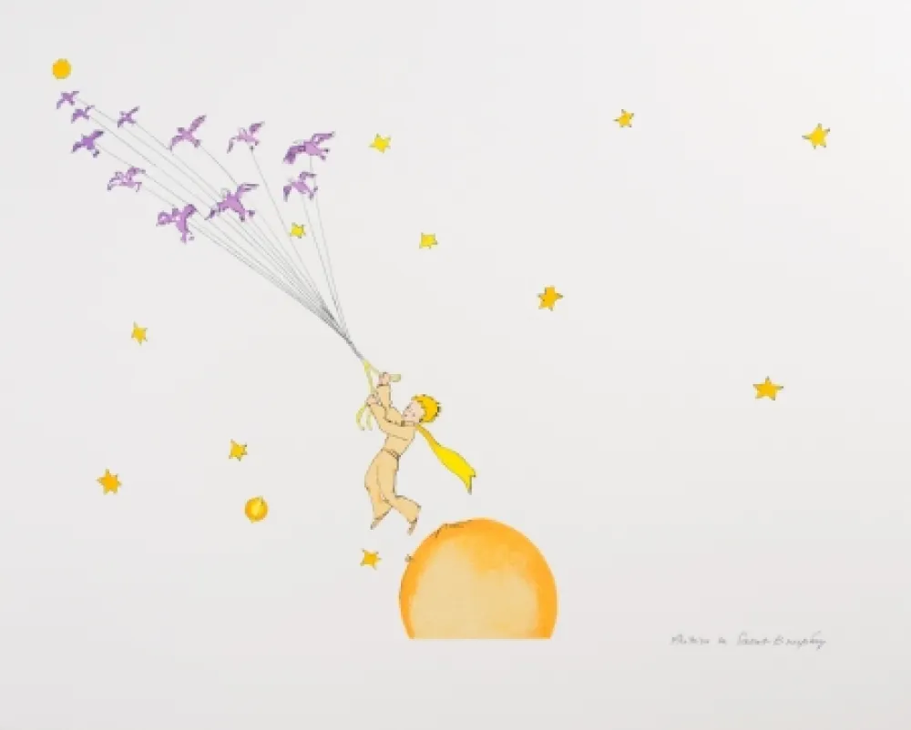 Lithograph Saint-Exupéry - Le Petit Prince en route vers une autre planète