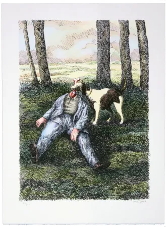 Lithograph Topor - Aux environs de Noisy-sous-Ecole, M. Louis Delillieau, 70 ans, tomba mort : insolation. Vite son chien Fidèle lui mangea la tête 