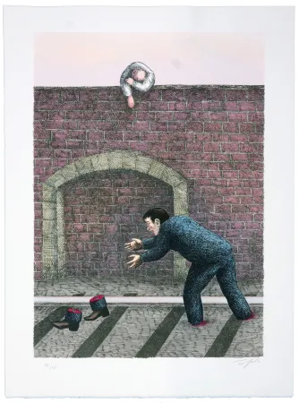 Lithograph Topor - Gare de Mâcon, Mouroux eut les jambes coupées en deux par une machine. 