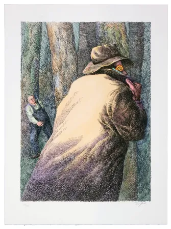 Lithograph Topor - Le sombre rôdeur aperçu par le mécanicien Gicquel, près de la gare d'Herblay, est retrouvé : Jules Ménard, ramasseur d'escargots