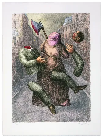 Lithograph Topor - Une jeune femme nocturne a asséné un coup de hache à A.Renaudy, dans un cabaret du boulevard Rochechouart, puis est partie