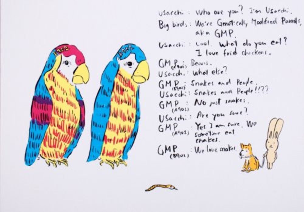 Lithograph Kaga - 2 Genetically modified parrots