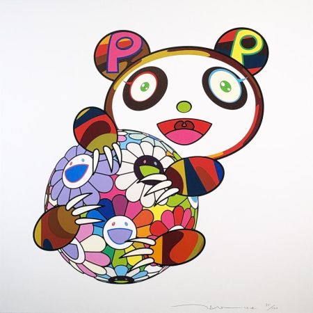 Screenprint Murakami - A Panda Cub Hugging a Ball of Flowers