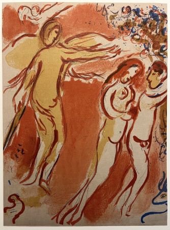 Lithograph Chagall - ADAM ET ÈVE CHASSÉS DU PARADIS TERRESTRE (Dessins pour la Bible, 1960)