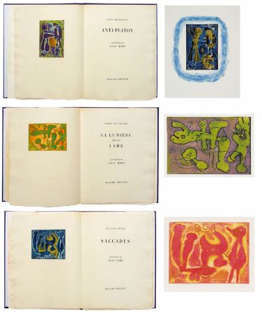 Illustrated Book Miró - ANTI-PLATON - LA LUMIÈRE DE LA LAME - SACCADES. 3 volumes. 24 EAUX-FORTES AVEC SUITE COMPLÈTE (1962).