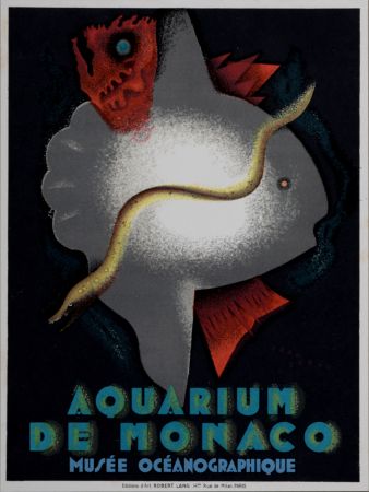 Lithograph Carlu - Aquarium de Monaco, 1928