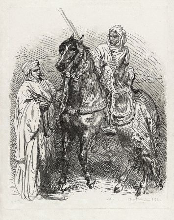 Etching Chassériau - Arabe montant en selle / Cavalier arabe partant pour la guerre