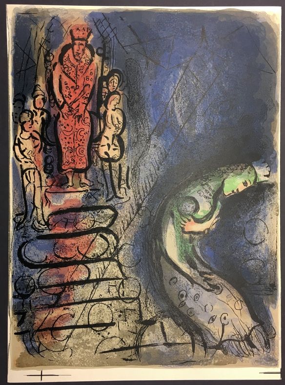 Lithograph Chagall - ASSURÉUS CHASSE VASTHI. Lithographie originale pour DESSINS POUR LA BIBLE (1960)