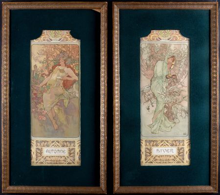 Lithograph Mucha - Automne & Hiver, 1896 - Set of 2 original decorative lithograph panels - Framed !