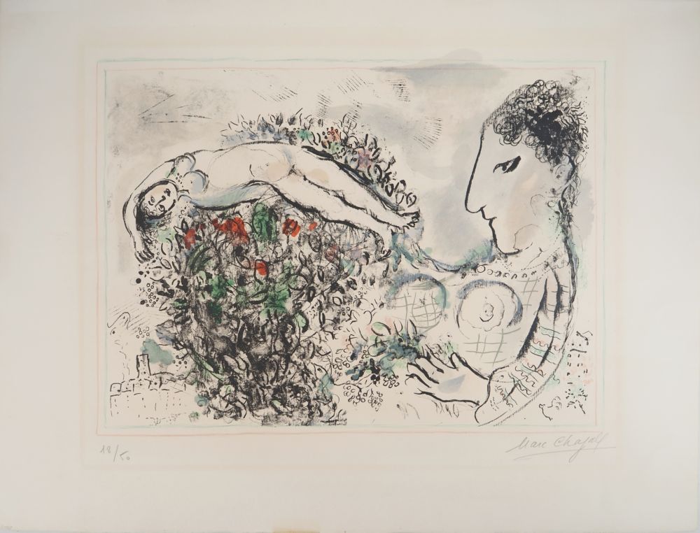 Lithograph Chagall - Autoportrait au bouquet et nu