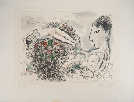 Lithograph Chagall - Autoportrait au bouquet et nu