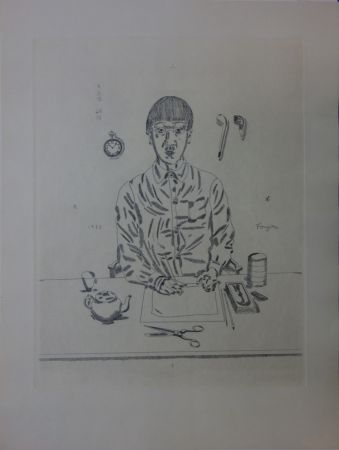 Etching Foujita - Autoportrait à la table de travail