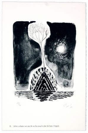 Lithograph Nørgaard - B. Abre solitaire sur une ile sous le clair de lune, l'espoir