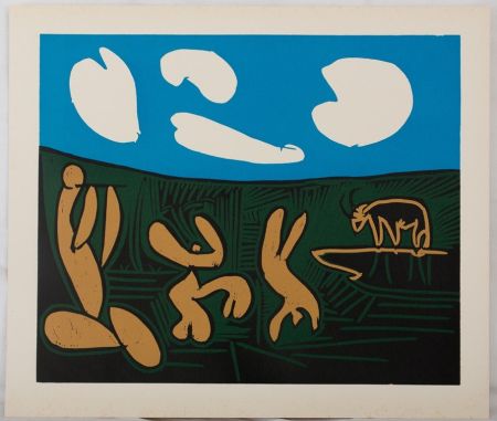 Linocut Picasso - Bacchanale : Acrobates et Taureau