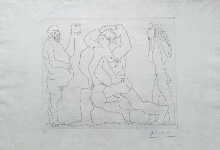 Etching Picasso - Bacchanale au hibou et au jeune homme masqué