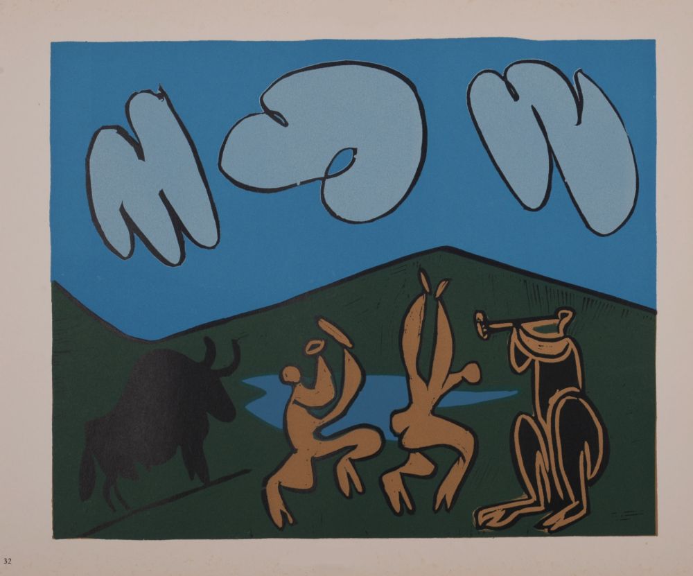 Linocut Picasso (After) - Bacchanale au taureau noir, 1962