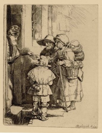 Etching Rembrandt - Beggars Receiving Alms at the Door of a House