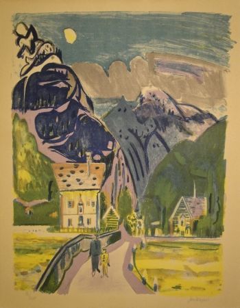 Lithograph Wiegers  - Bergdorf bei Davos