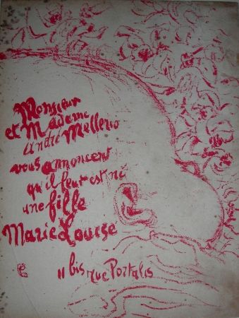 Lithograph Bonnard -  Billet de naissance de Marie Louise Mellerio
