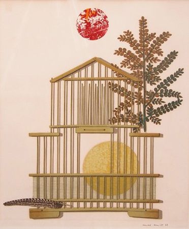Lithograph Ernst - Bird Cage, Feather, Branch and Sun
