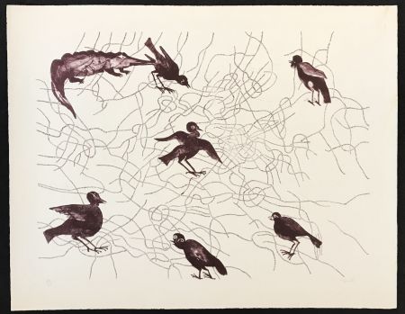 Lithograph Toledo - Birds and Crocodile