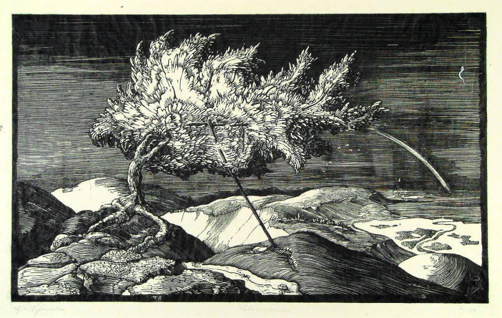 Woodcut Schönleber - Blütenbaum im Donautal (Flowering tree in the Danube valley)