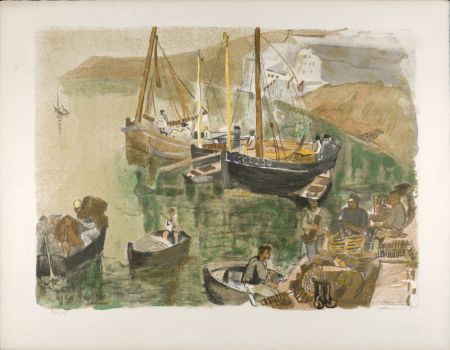 Lithograph Clairin - Boats in Harbor, c. 1955 - Hand-signed!