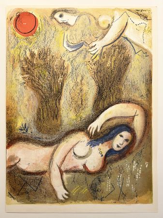 Lithograph Chagall - BOOZ SE RÉVEILLE ET VOIT RUTH À SES PIEDS (Dessins pour la Bible 1960)