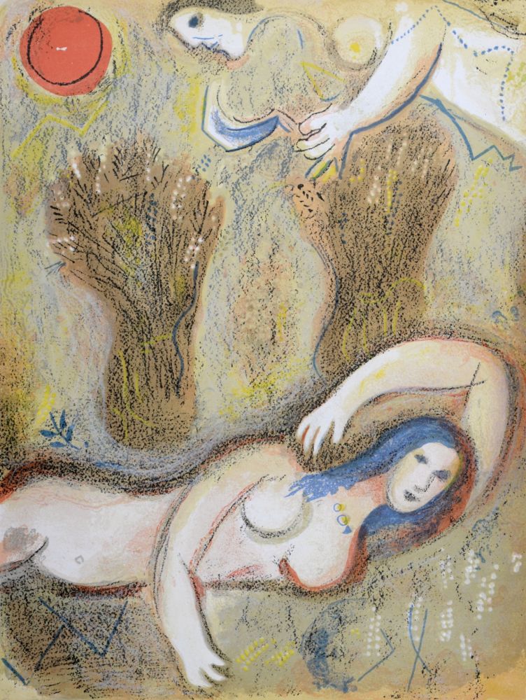 Lithograph Chagall - Booz se réveille et voit Ruth à ses pieds, 1960