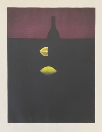Mezzotint Hamaguchi - Bottles with Lemon and Red Wall