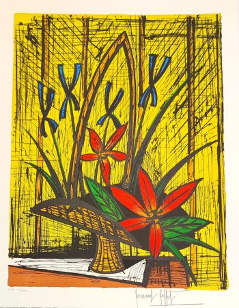 Lithograph Buffet - Bouquet aux Iris et fleurs rouges 