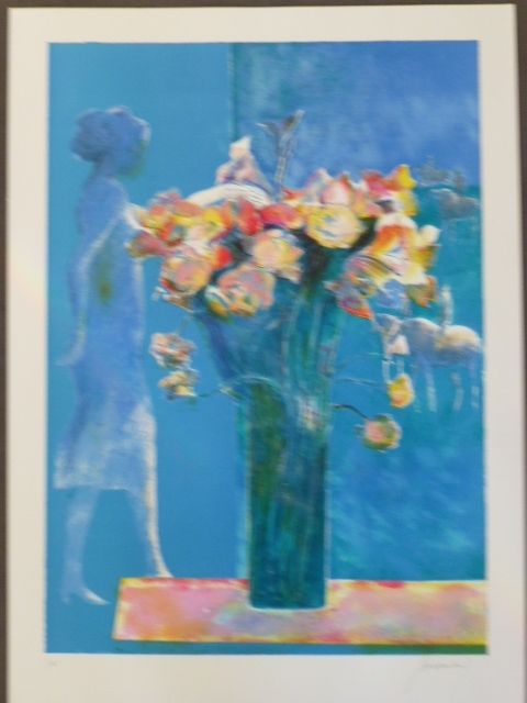 Lithograph Guiramand - Bouquet de fleurs et femme de profil