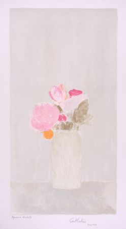 Lithograph Cathelin - Bouquet de roses au fond gris - Bouquet of roses on a grey background