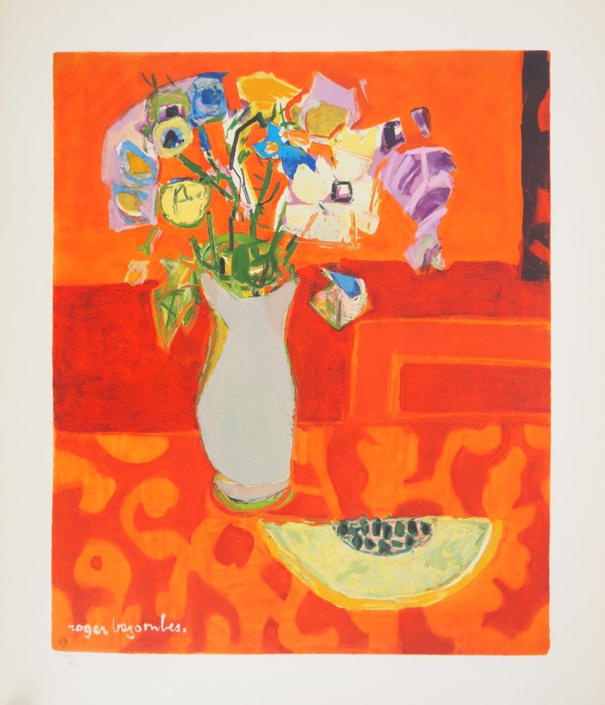 Lithograph Bezombes - Bouquet et melon