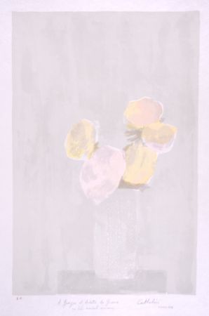 Lithograph Cathelin - Bouquet rose au fond gris - Pink bouquet on a grey background