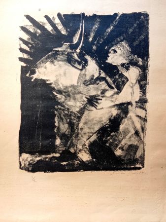 Lithograph Garache - Boy Riding a Bull, Rare Hand signed Lithograph, cca 40-50's 