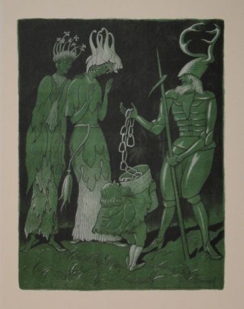 Lithograph Kreidolf - Brautwerbung. Käfer-Ritter, von einem Zwerg begleitet, wirbt mit einer Kette um das Akelei- und Rapunzel-Fräulein. 
