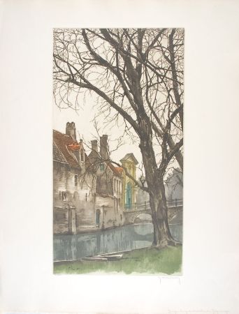 Engraving Hebbelinck - Bruges : Les grands arbres du Béguinage.