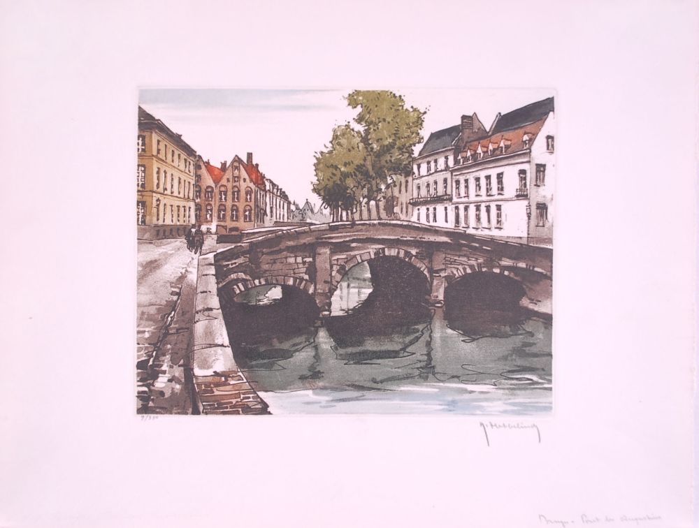 Engraving Hebbelinck - Bruges : Pont des Augustins