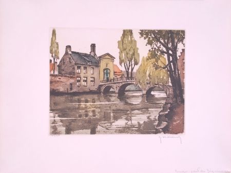 Engraving Hebbelinck - Bruges : Pont du Béguinage.
