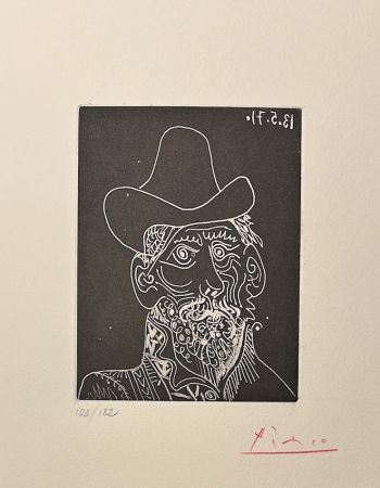 Aquatint Picasso - Buste d' homme barbu au chapeau