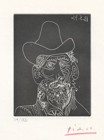 Aquatint Picasso -  Buste d'homme barbu au chapeau 