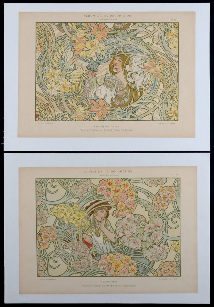 Lithograph Mucha - Byzantine & Langage des Fleurs, c. 1900 - Rare set of 2 original lithographs!
