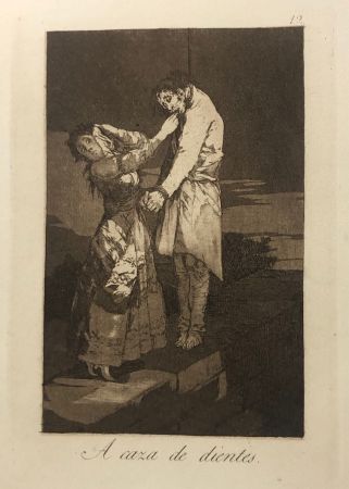 Engraving Goya - Capricho 12 . A caza de los dientes