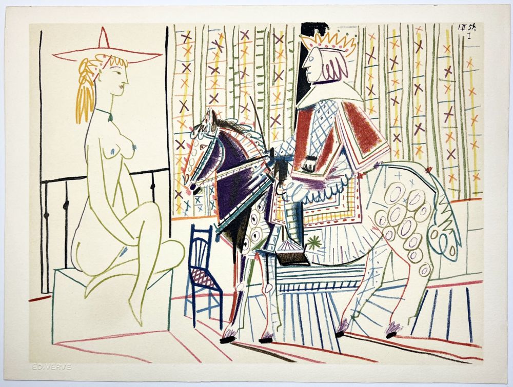 Lithograph Picasso - Cavalier costumé et modèle 2 (La Comédie Humaine - Verve 29-30. 1954).