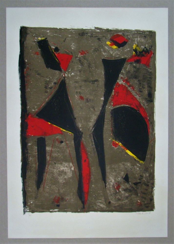 Lithograph Marini - Cavalier noir et rouge sur fond brun